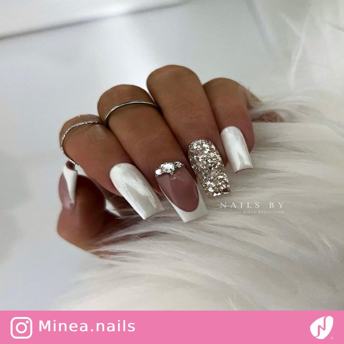 White Glam Nails with Crystals